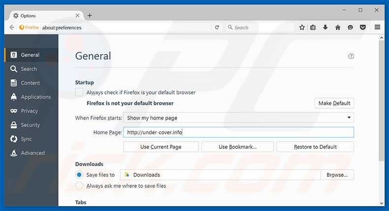 Suppression de la page d'accueil under-cover.info dans Mozilla Firefox