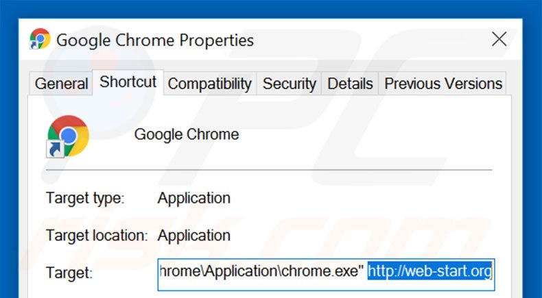 Suppression du raccourci cible de web-start.org dans Google Chrome étape 2