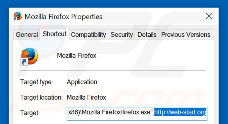Suppression du raccourci cible de web-start.org dans Mozilla Firefox étape 2