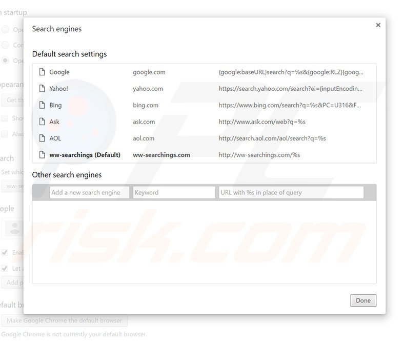 Suppression du moteur de recherche par défaut de ww-searchings.com dans Google Chrome 