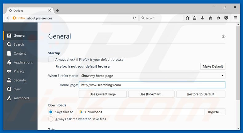 Suppression de la page d'accueil de ww-searchings.com dans Mozilla Firefox 