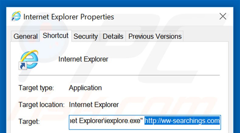 Suppression du raccourci cible de ww-searchings.com dans Internet Explorer étape 2