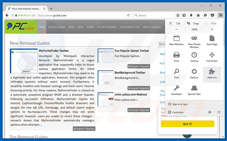 Suppression des publicités Internet Security Damaged dans Mozilla Firefox étape 1