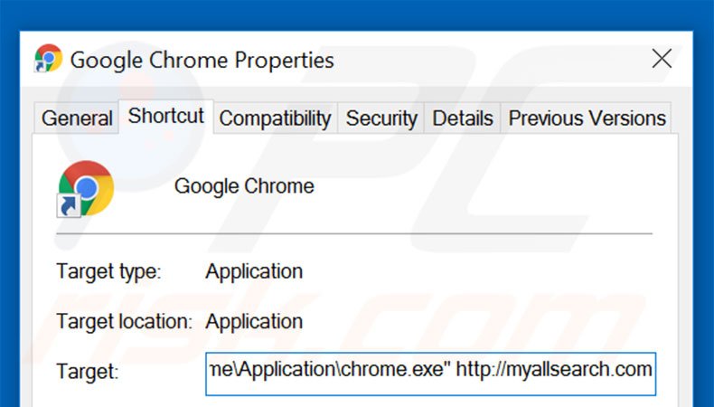 Suppression du raccourci cible de myallsearch.com dans Google Chrome étape 2