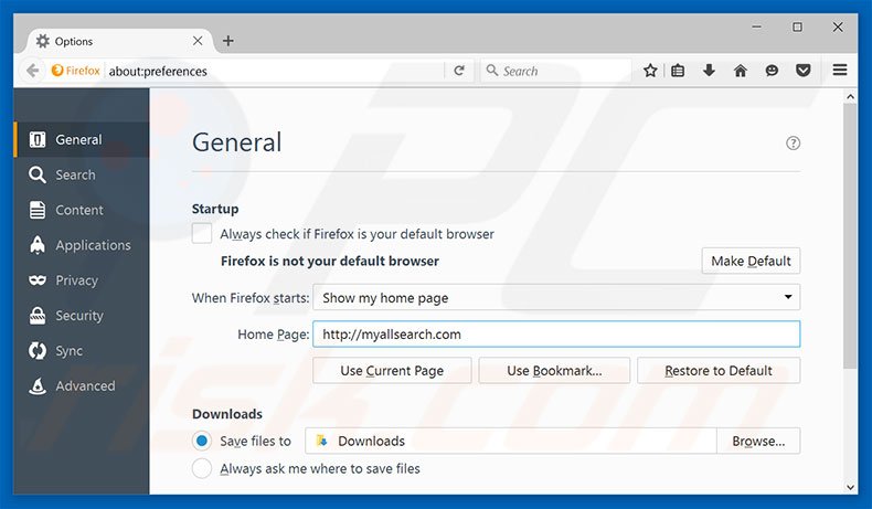 Suppression de la page d'accueil de myallsearch.com dans Mozilla Firefox