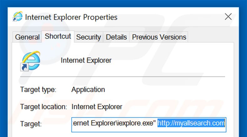 Suppression du raccourci cible de myallsearch.com dans Internet Explorer étape 2