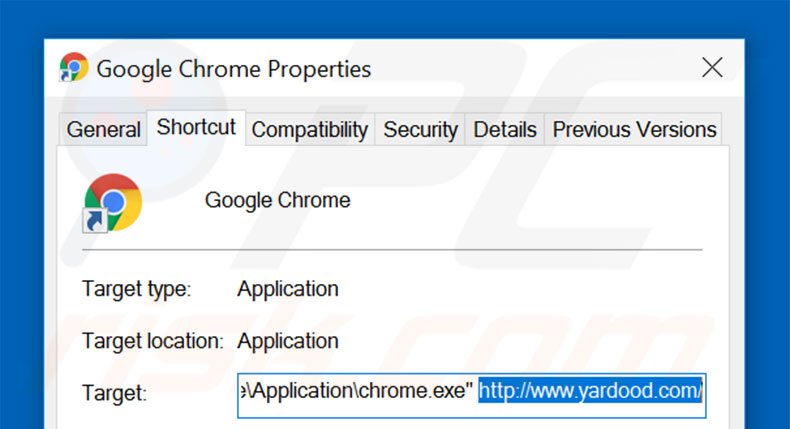 Suppression du raccourci cible d'yardood.com dans Google Chrome étape 2