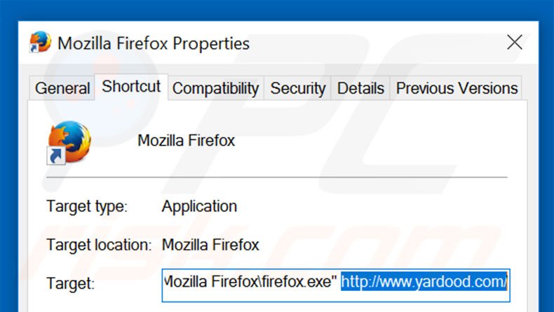 Suppression du raccourci cible d'yardood.com dans Mozilla Firefox étape 2