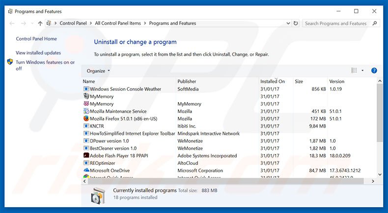 Désinstallation du logiciel de publicité CRITICAL ALERT FROM WINDOWS via le Panneau de Configuration