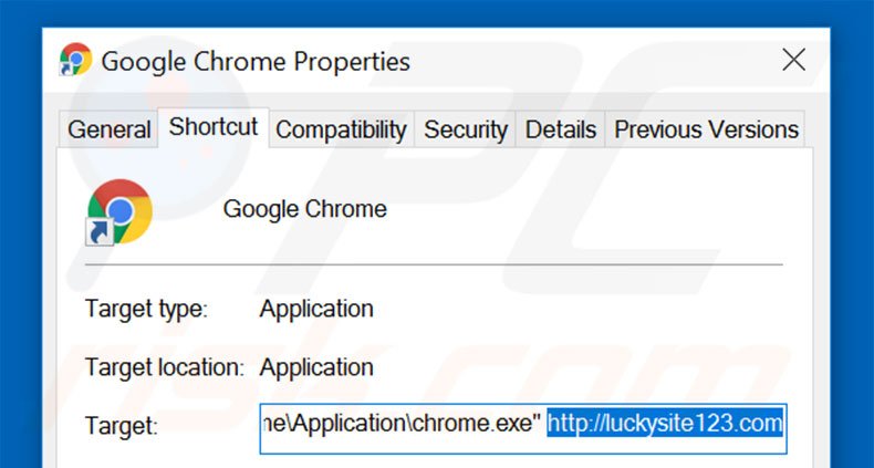 Suppression du raccourci cible de luckysite123.com dans Google Chrome étape 2