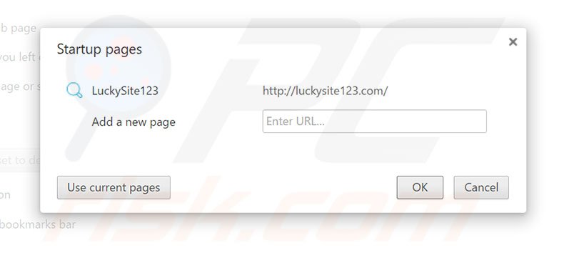 Suppression de la page d'accueil de luckysite123.com dans Google Chrome 