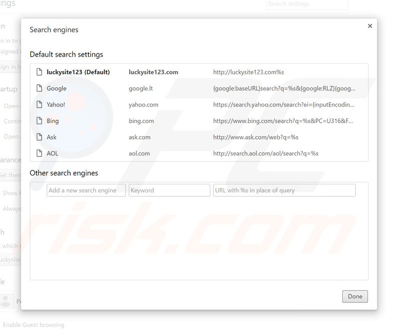 Suppression du moteur de recherche par défaut de luckysite123.com dans Google Chrome 