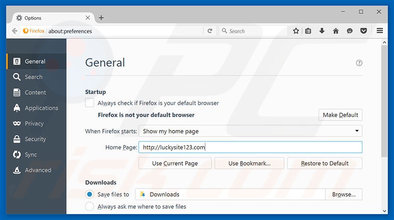 Suppression de la page d'accueil de luckysite123.com dans Mozilla Firefox 