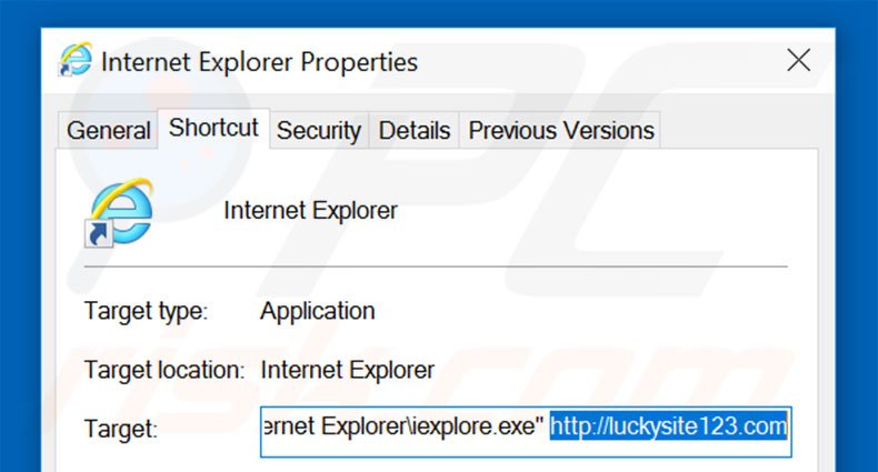 Suppression du raccourci cible de luckysite123.com dans Internet Explorer étape 2