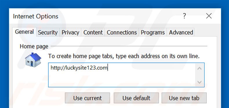 Suppression de la page d'accueil de luckysite123.com dans Internet Explorer 