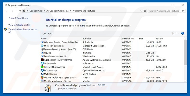 Désinstallation du pirate de navigateur luckysite123.com via le Panneau de Configuration