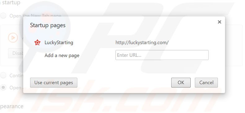 Suppression de la page d'accueil de luckystarting.com dans Google Chrome 