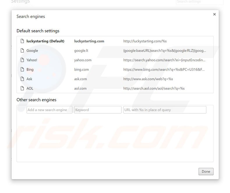 Suppression du moteur de recherche par défaut de luckystarting.com dans Google Chrome 