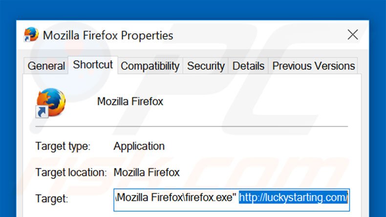 Suppression du raccourci cible de luckystarting.com dans Mozilla Firefox étape 2