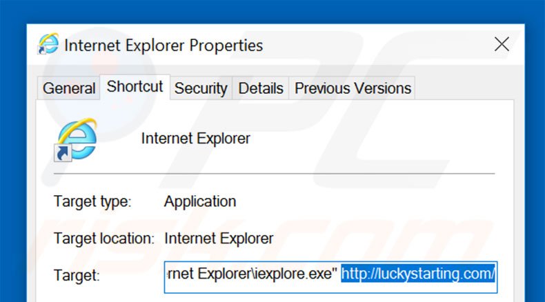 Suppression du raccourci cible de luckystarting.com dans Internet Explorer étape 2