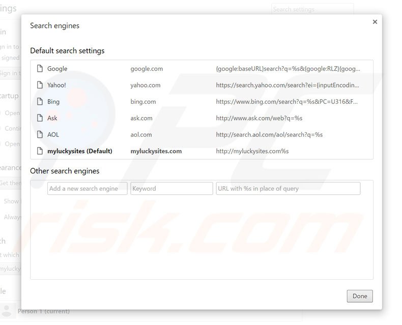 Suppression du moteur de recherche par défaut de myluckysites.com dans Google Chrome 