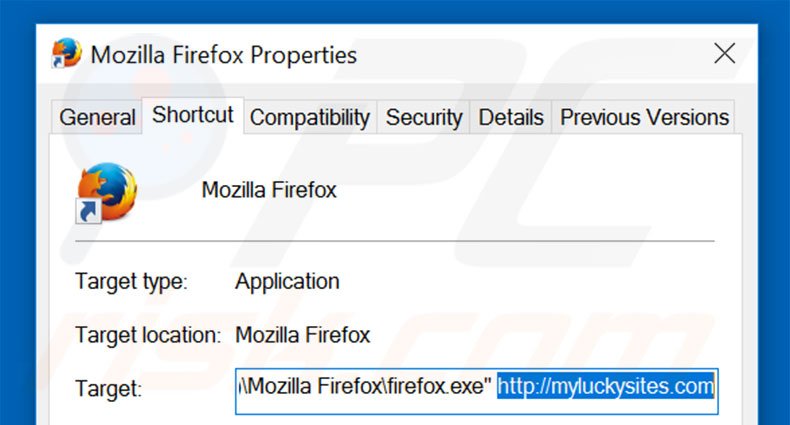 Suppression du raccourci cible de myluckysites.com dans Mozilla Firefox étape 2