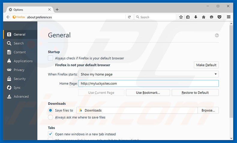 Suppression de la page d'accueil de myluckysites.com dans Mozilla Firefox 