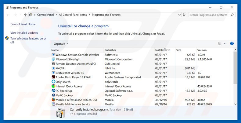 Désinstallation du pirate de navigateur myluckysites.com via le Panneau de Configuration