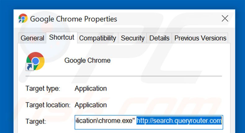 Suppression du raccourci cible de search.queryrouter.com dans Google Chrome étape 2