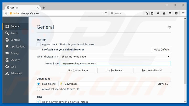 Suppression de la page d'accueil de search.queryrouter.com dans Mozilla Firefox 