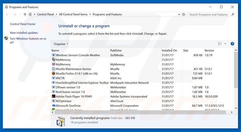 Désinstallation du logiciel de publicité Windows Security Alert via le Panneau de Configuration