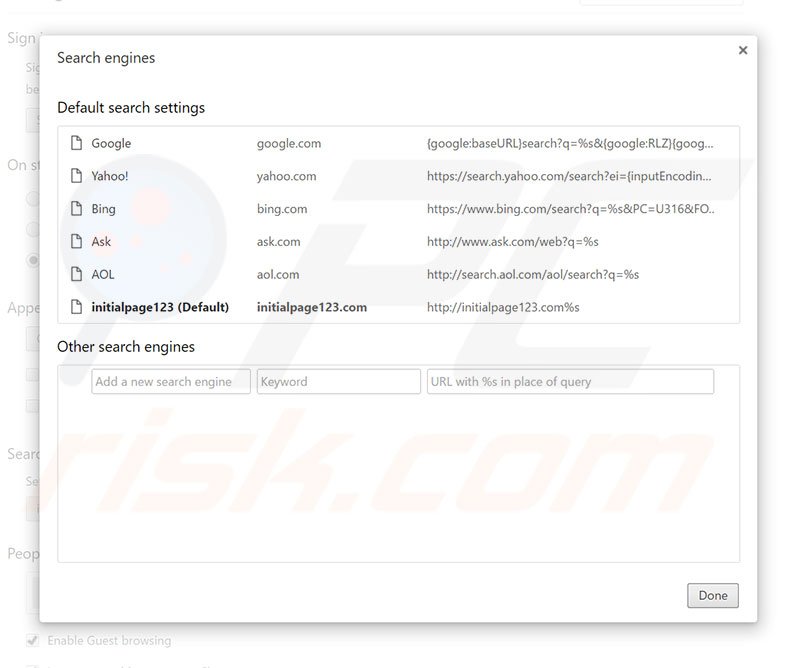 Suppression du moteur de recherche par défaut d'initialpage123.com dans Google Chrome 