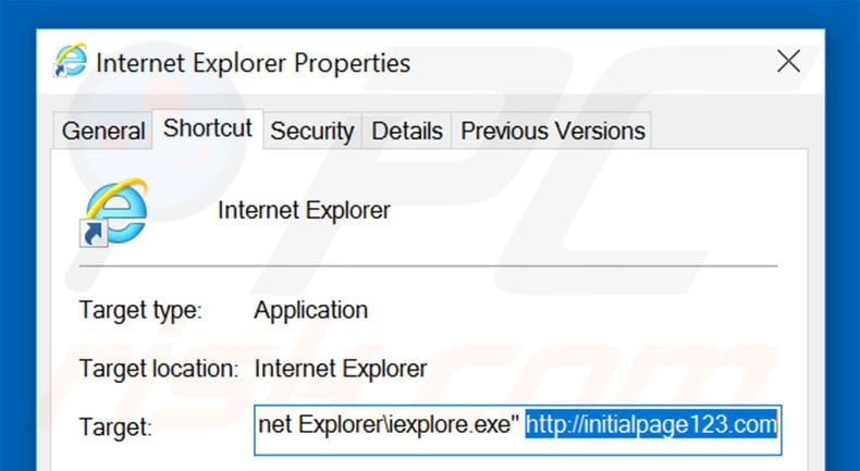 Suppression du raccourci cible d'initialpage123.com dans Internet Explorer étape 2