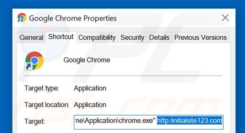 Suppression du raccourci cible d'initialsite123.com dans Google Chrome étape 2