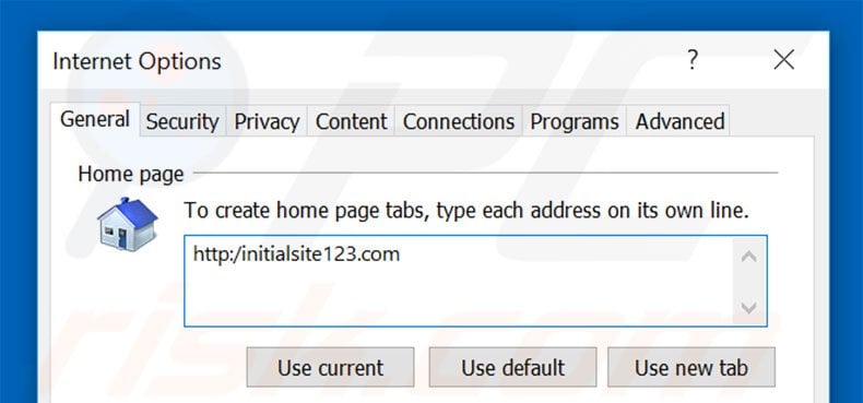 Suppression de la page d'accueil d'nitialsite123.com dans Internet Explorer 