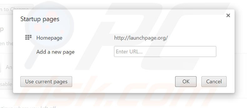 Suppression de la page d'accueil de launchpage.org dans Google Chrome