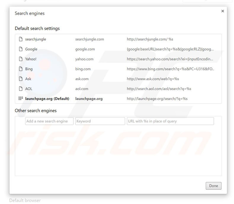 Suppression du moteur de recherche par défaut de launchpage.org dans Google Chrome