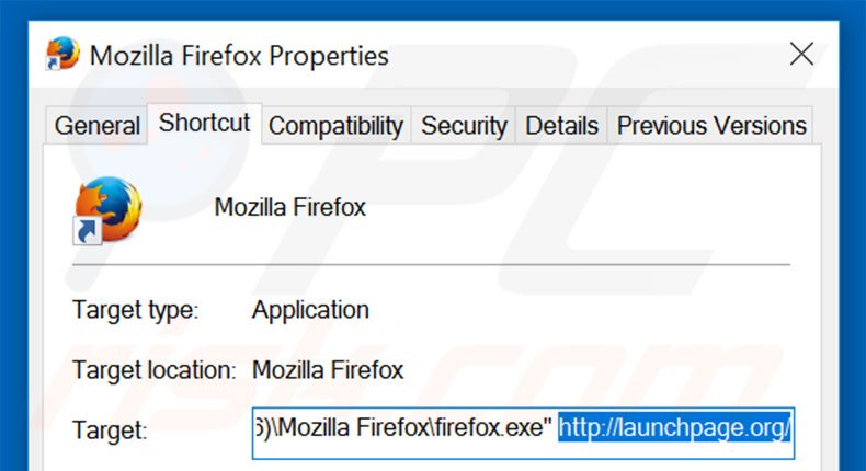 Suppression du raccourci cible de launchpage.org dans Mozilla Firefox étape 2