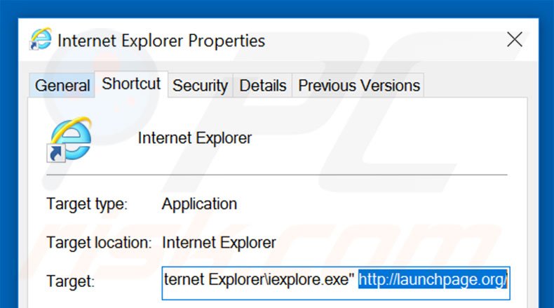 Suppression du raccourci cible de launchpage.org dans Internet Explorer étape 2