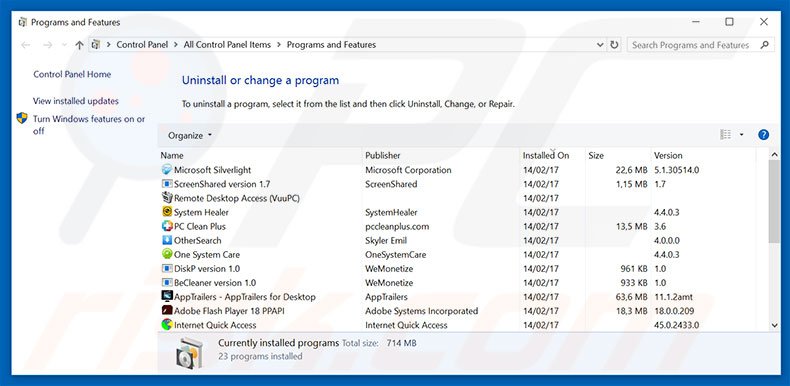 Désinstallation du logiciel de publicité Microsoft Has Detected A Porn Virus via le Panneau de Configuration