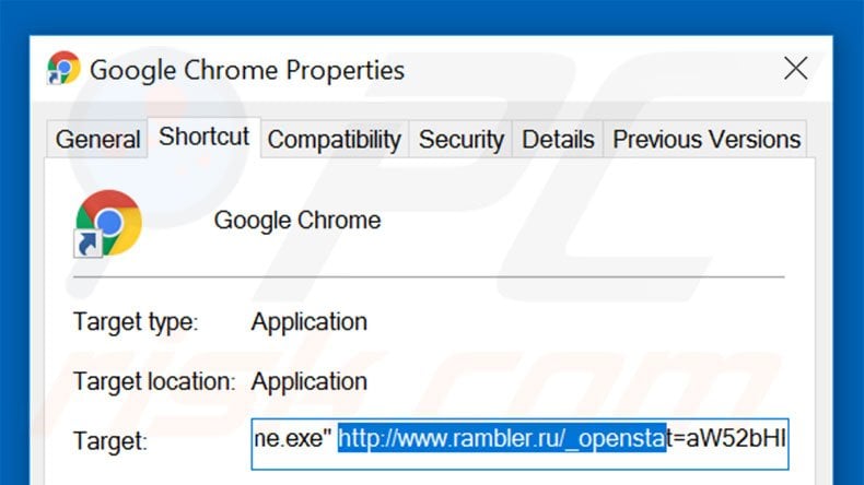 Suppression du raccourci cible de rambler.ru dans Google Chrome étape 2