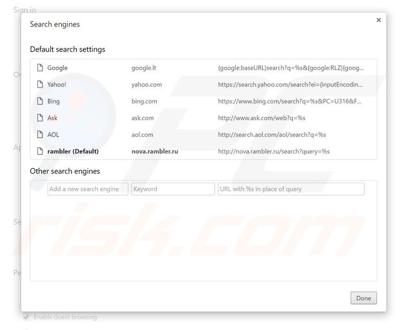 Suppression du moteur de recherche par défaut de rambler.ru dans Google Chrome 