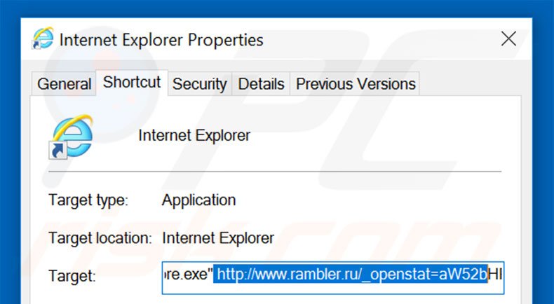 Suppression du raccourci cible de rambler.ru dans Internet Explorer étape 2