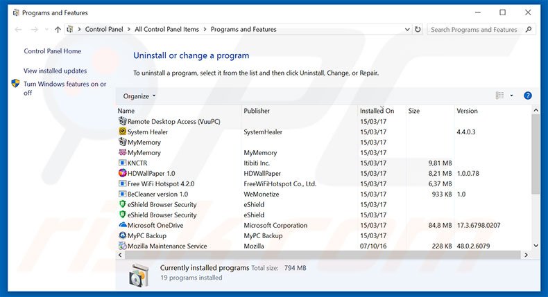 Désinstallation du pirate de navigateur rambler.ru via le Panneau de Configuration