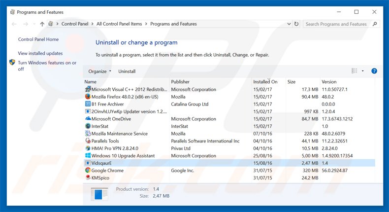 Désinstallation du logiciel de publicité vidsqaure via le Panneau de Configuration