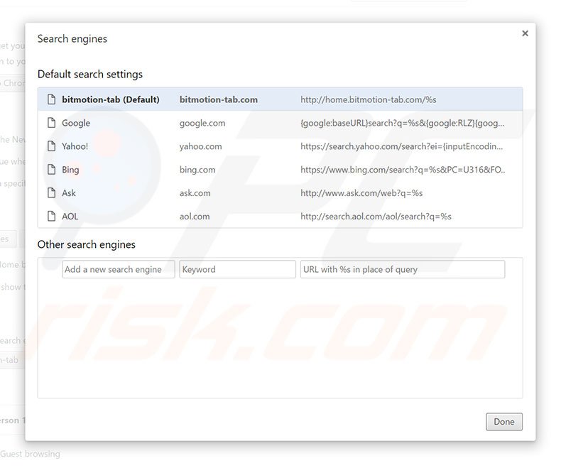 Suppression du moteur de recherche par défaut de home.bitmotion-tab.com dans Google Chrome 