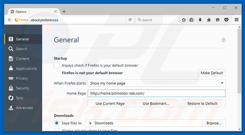 Suppression de la page d'accueil de home.bitmotion-tab.com dans Mozilla Firefox 