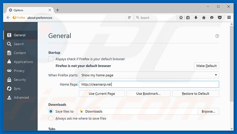 Suppression de la page d'accueil de cleanserp.net dans Mozilla Firefox 