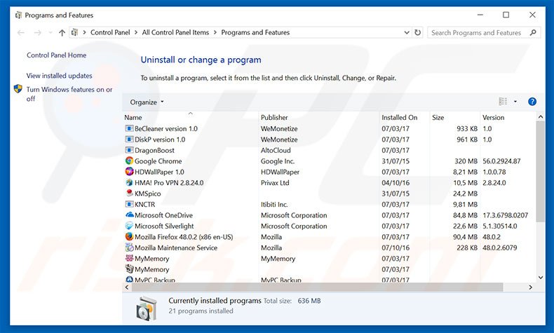 Désinstallation du logiciel de publicité Malicious Pornographic Spyware/Riskware Detected via le Panneau de Configuration