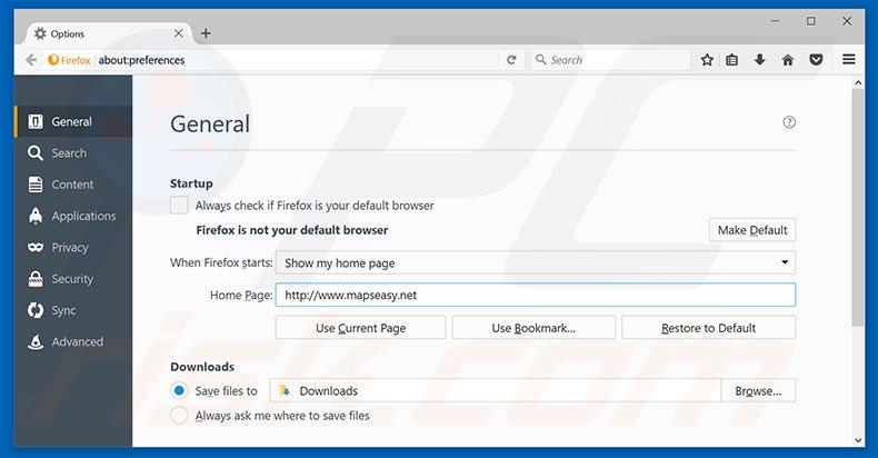 Suppression de la page d'accueil de mapseasy.net dans Mozilla Firefox 